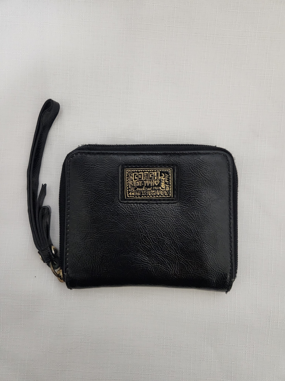 COACH Poppy Liquid Glass Black Leather Zip Around Wallet with Wristlet